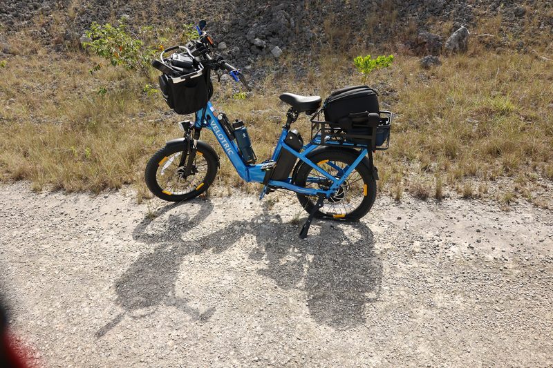 A loaded e-bike standing on a limestone track beside tall grass, carrying camera and field equipment.